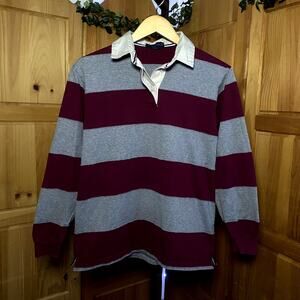 100% Cotton Y2K Land's End Burgundy & Grey Rugby Long-Sleeve Preppy Academia